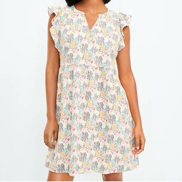 LOFT Dresses & Skirts - Loft Tropical Print Paradise Ruffle Short Sleeve Button Front Dress Size Small